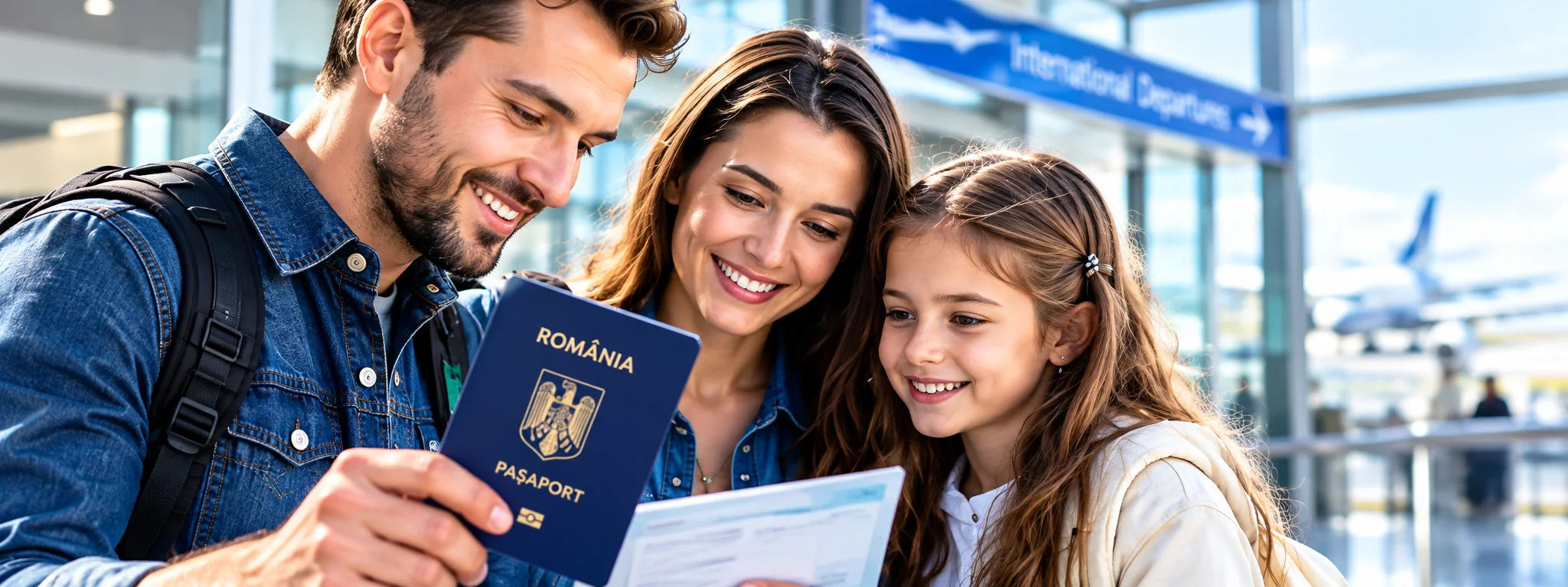 Familie română pregătind documente de călătorie